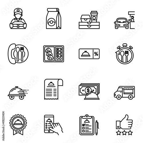 Food delivery service icons set 2 with white background. Thin line style stroke vector.
