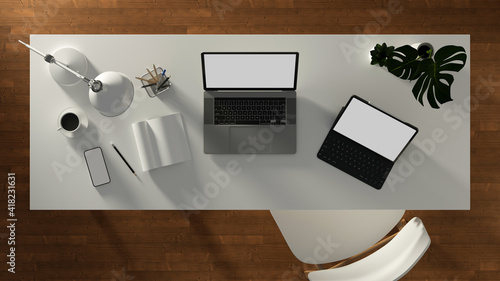 3D rendering, white table with laptop, tablet, stationery, smartphone and decorations, top view