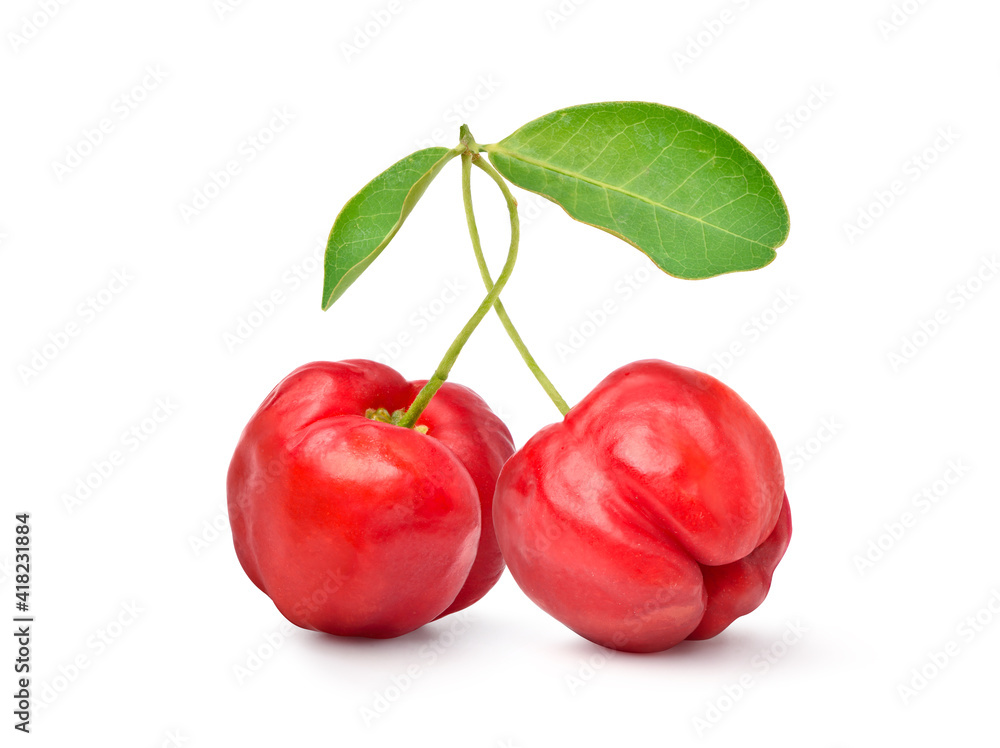 Two Juicy red Acerola cherry fruits with green leaf isolated on white background. Clipping path. Two Juicy red Acerola cherry fruits with green leaf isolated on white background. Clipping path.