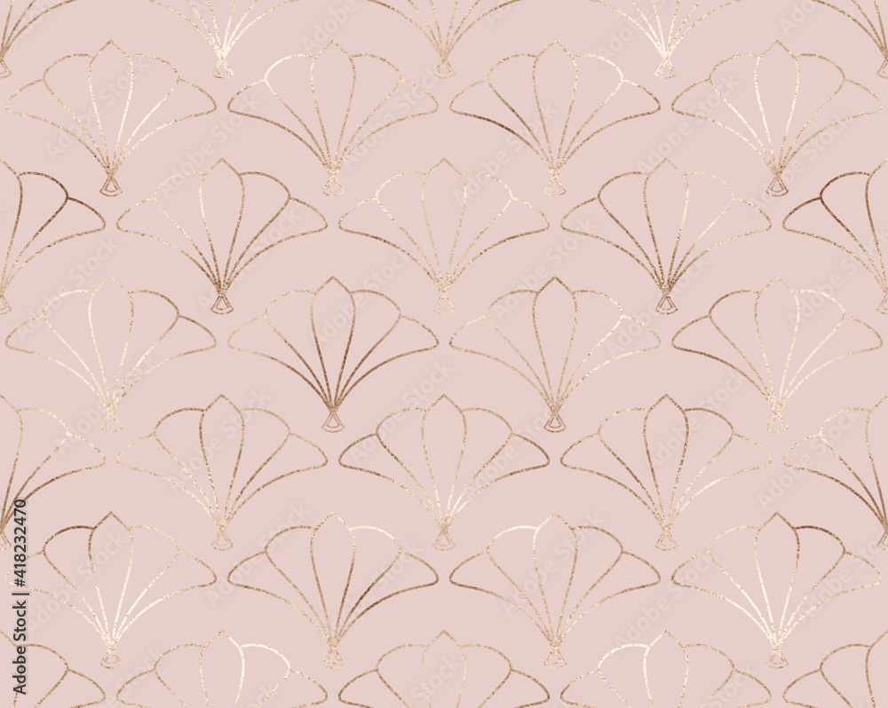 Art deco seamless pattern with gold decorative flowers shapes.