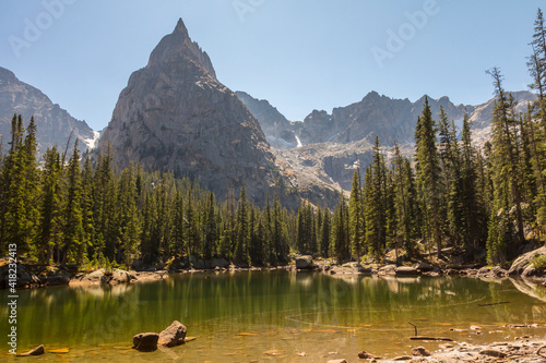 USA, Colorado, Indian Peaks Wilderness. Lone Eagle Peak and Mirror Lake.