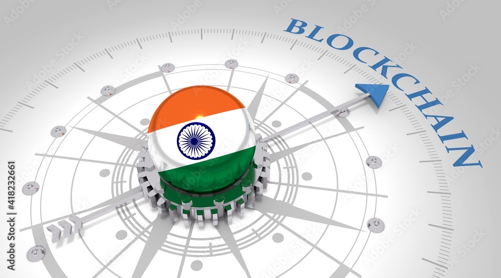 Abstract financial technology background represent blockchain. Investment financial internet technology concept. Flag of India. 3D rendering