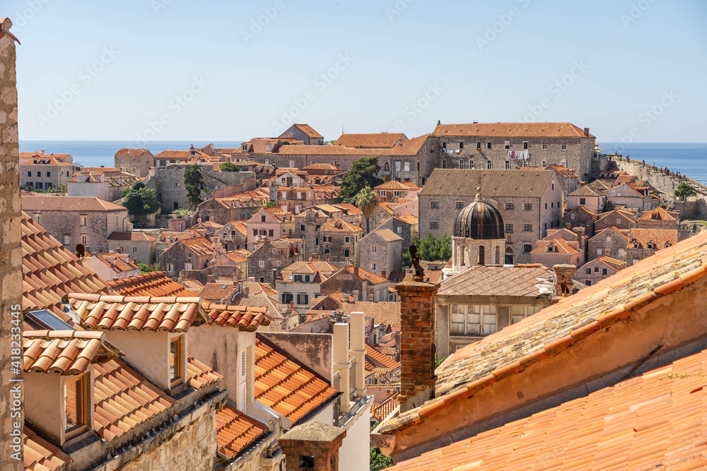 Red brick roof skyline in old town Dubrovnik in Croatia summer morning