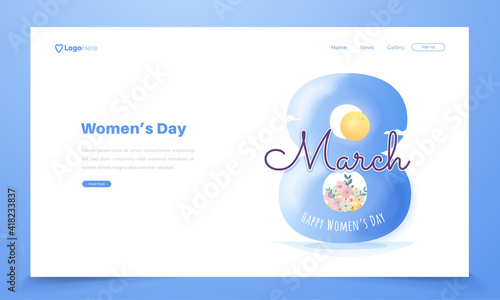 8 march for happy women's day greetings on landing page concept