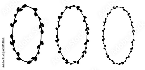 Set of Easter willow wreaths.Oval floral wreath. Oval frame black silhouette. Vector flat illustration. Design for Easter, Weddings, invitations, printing
