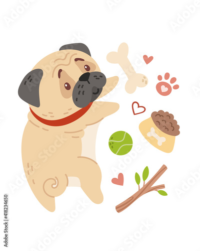 Baby pugs kids pre made poster template, Dog or puppy and toys, bone, nursery card 16-20 inches, printable wall art with cartoon baby animals or pets for poster, t-shirt printing and more