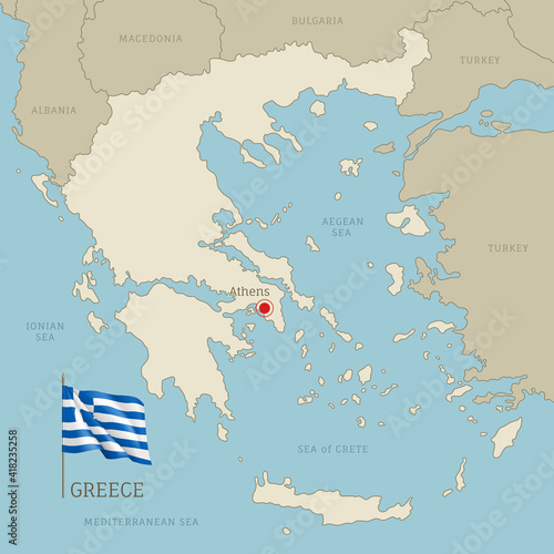 Highly detailed map of Greece territory borders, South European country administrative map with Athens capital city and waving national flag vector illustration