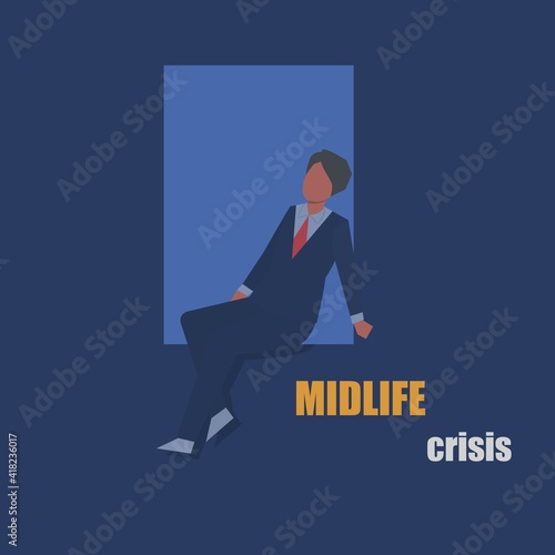 Midlife crisis symptoms concept,period  emotion in middle age,man feeling unfulfilled in life or work,feel of nostalgia,chronic reminiscence about past,bore,emptiness and meaninglessness.vector