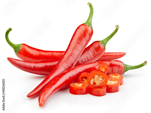 Peppers chili full macro shoot food ingredient on white isolated photo