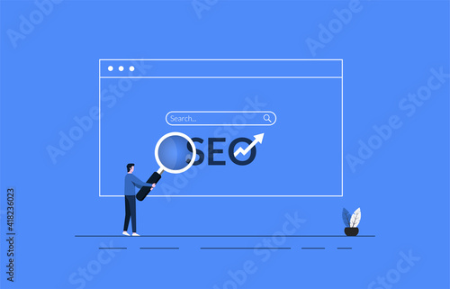 Search Engine Optimization concept on browser design with a man holding magnifying glass symbol illustration.