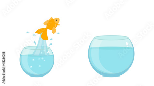Schilderij op canvas Jumping to the highest level - goldfish jumping in a bigger bowl