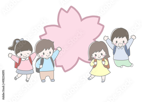 かわいい小学生4人と大きな桜の花の春の入学進級手描き風イラスト