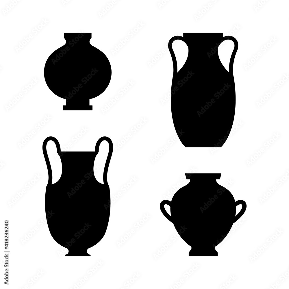 Greek Vases Black Silhouettes in A Simple Style. Vector Illustrations