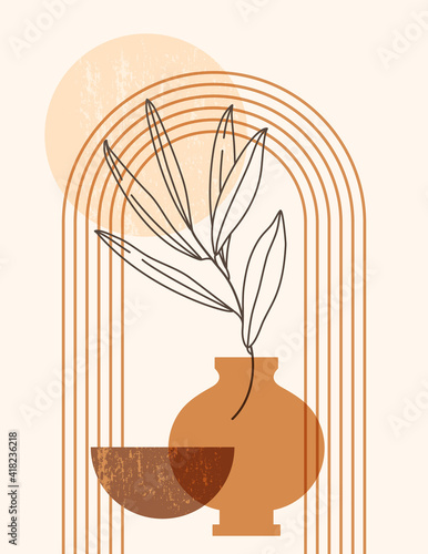 Abstract Boho Illustration with Arch, Vase and Sun in Trendy Minimal Style. Vector Contemporary Background in Terracotta colors for Wall Art posters, t-shirts print, Cover, Social Media Post