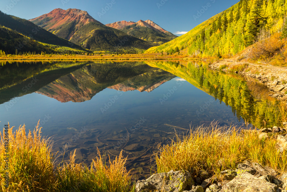 USA, Colorado, San Juan Mountains. Crystal Lake reflection in autumn.