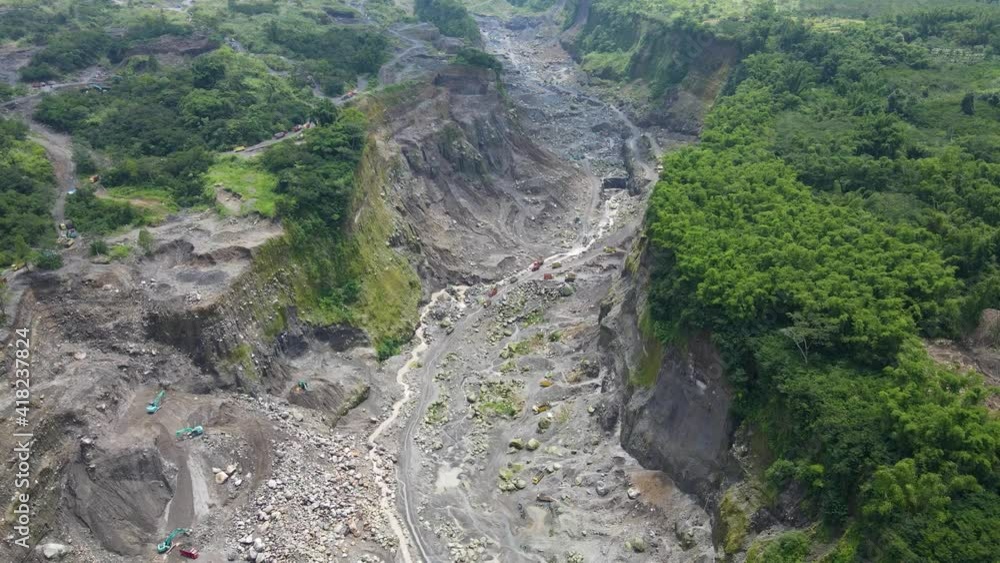 Volcanic sand open pit mine in Magelang, Indonesia, aerial panoramic view Volcanic sand open pit mine in Magelang, Indonesia, aerial panoramic view