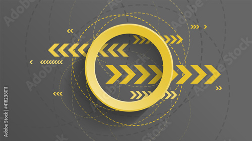 Abstract geometric background with yellow circle and yellow arrow on dark background