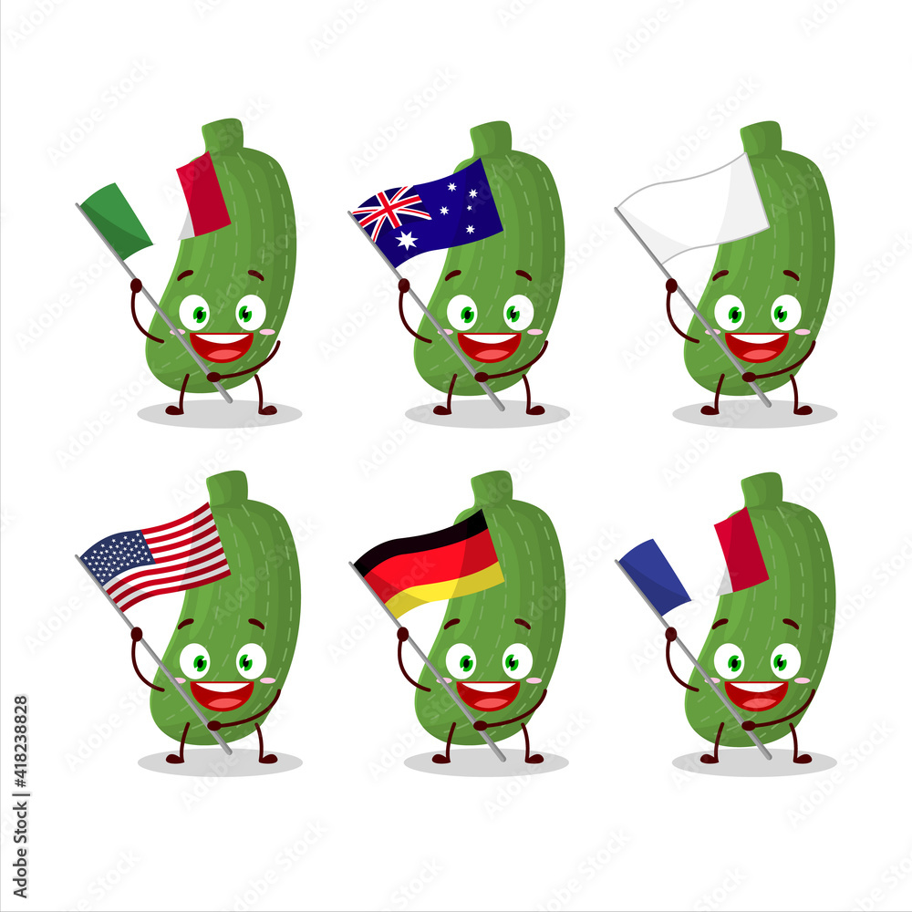 Zucchini cartoon character bring the flags of various countries Zucchini cartoon character bring the flags of various countries
