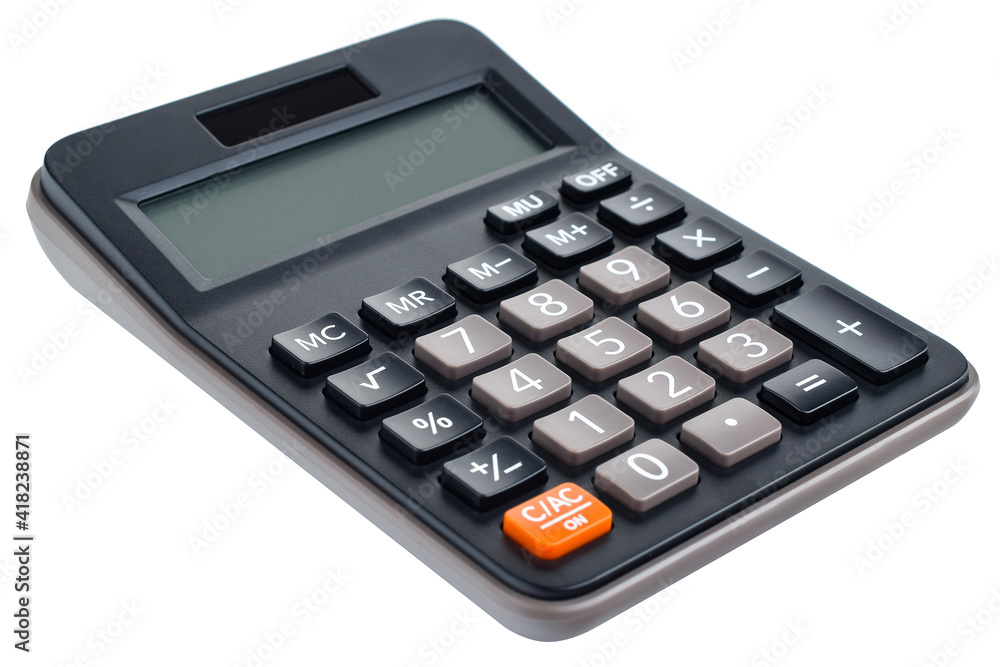 Black plastic digital calculator, isolated on a white background, close-up. Symbol economics, mathematics, accounting, finance concept. The day of knowledge, to calculate, to count money Black plastic digital calculator, isolated on a white background, close-up. Symbol economics, mathematics, accounting, finance concept. The day of knowledge, to calculate, to count money