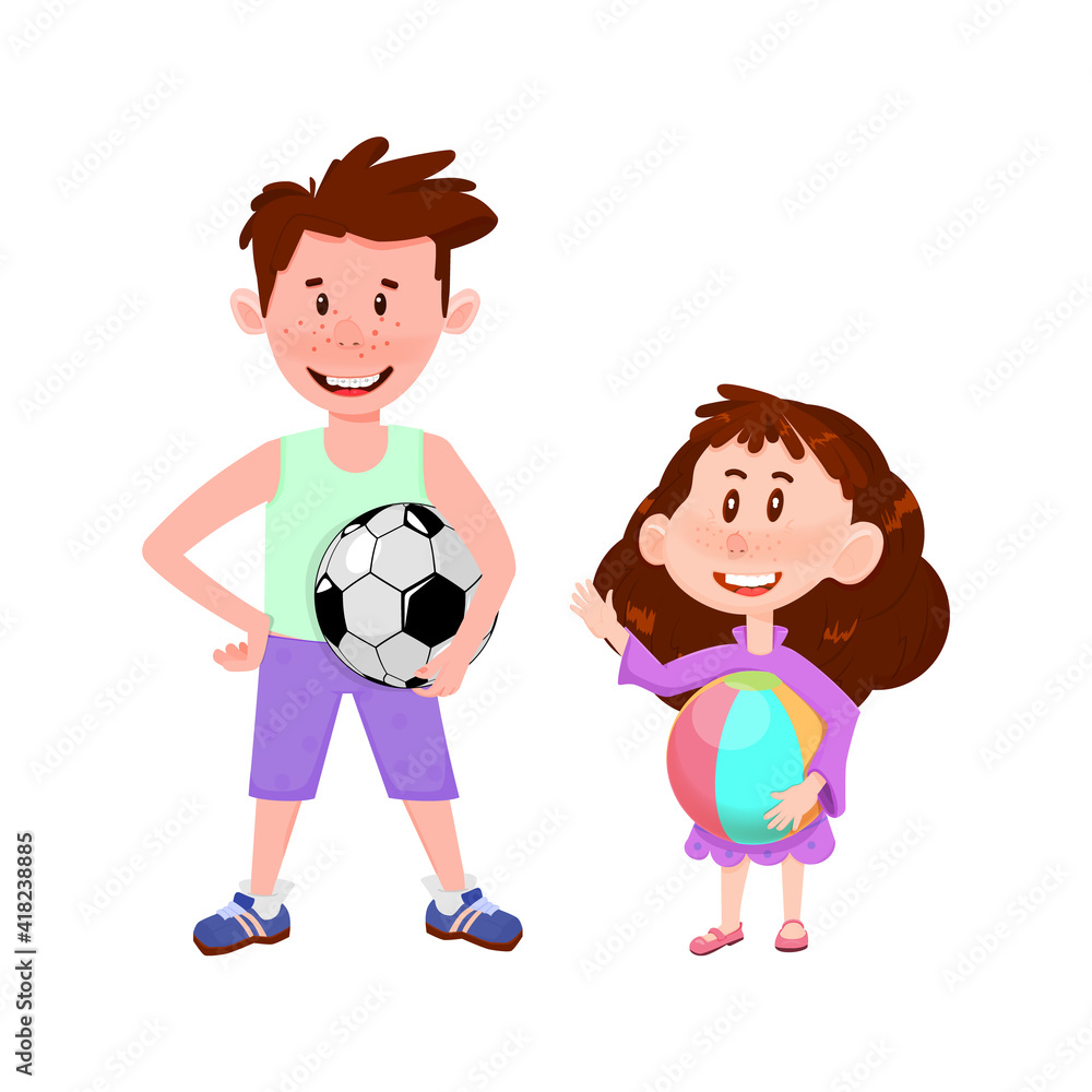 Flat characters - a boy and a girl holding balls in their hands. Flat characters - a boy and a girl holding balls in their hands.