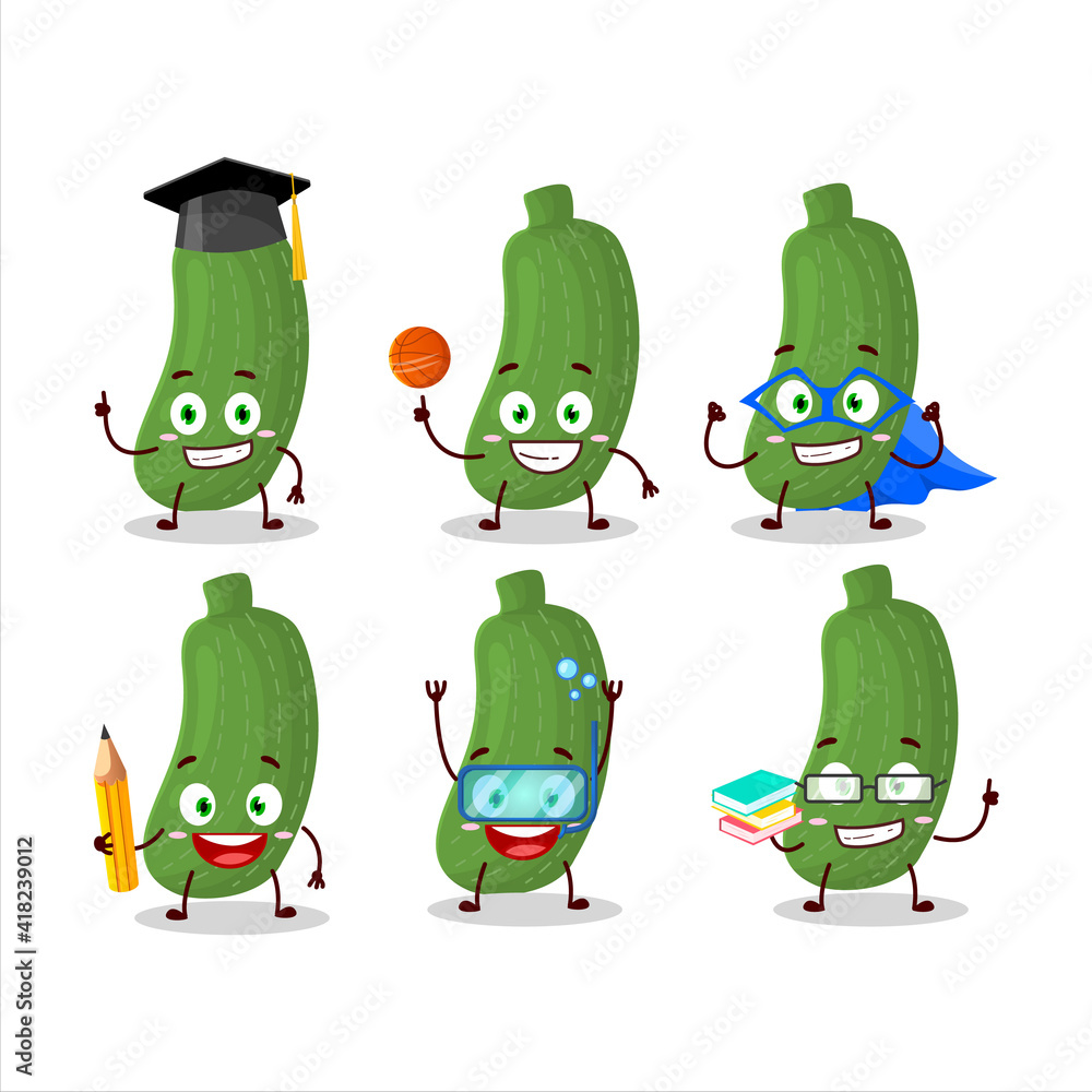 Fototapeta premium School student of zucchini cartoon character with various expressions