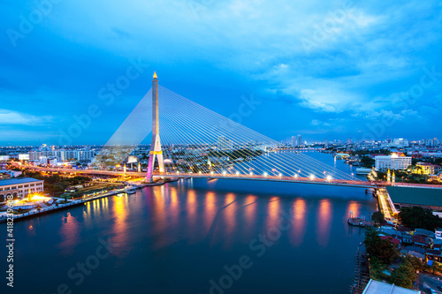 Rama VIII Bridge in Bangkok across the river at dusk
