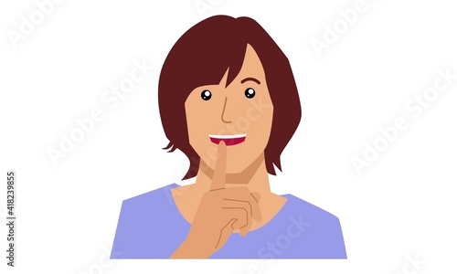 Ssst! Less talk, more action, woman making silence gesture with finger on lips. Vector flat illustration
