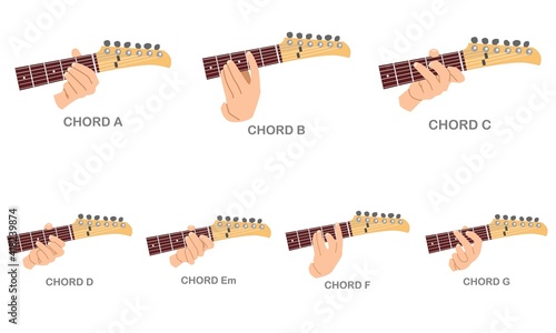 Set of guitar chord tutorial. Vector flat illustration