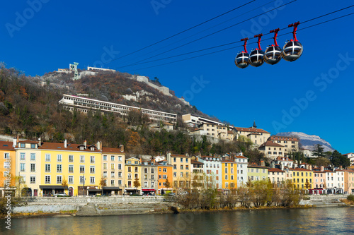 Famous bubbles of Grenoble cableway from center of town up to Bastille fortress