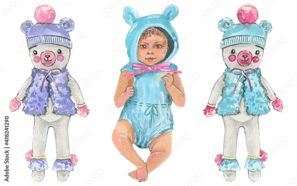 Handpainting watercolor illustration. Cute kid and toys. Handpainting watercolor illustration. Cute kid and toys.