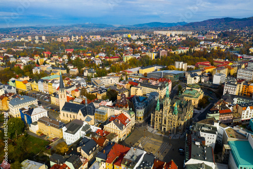 Aerial view of Liberec cityscape with buildings and streets, Czech Republic
