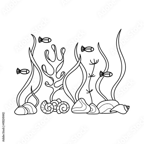 Underwater inhabitants and algae, coloring book. Fish and plants. Doodle of marine animals and plants isolated on a white background.