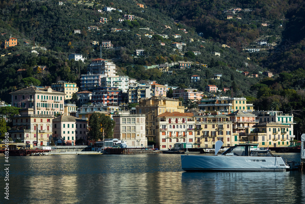 Seafront of scenic Italian town of Rapallo in sunny day.