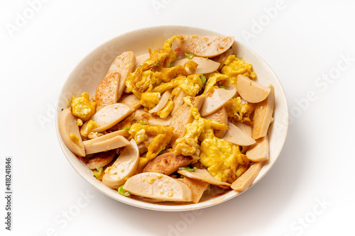Sauteed ham sausage with egg, a typical northeast Chinese farmhouse dish