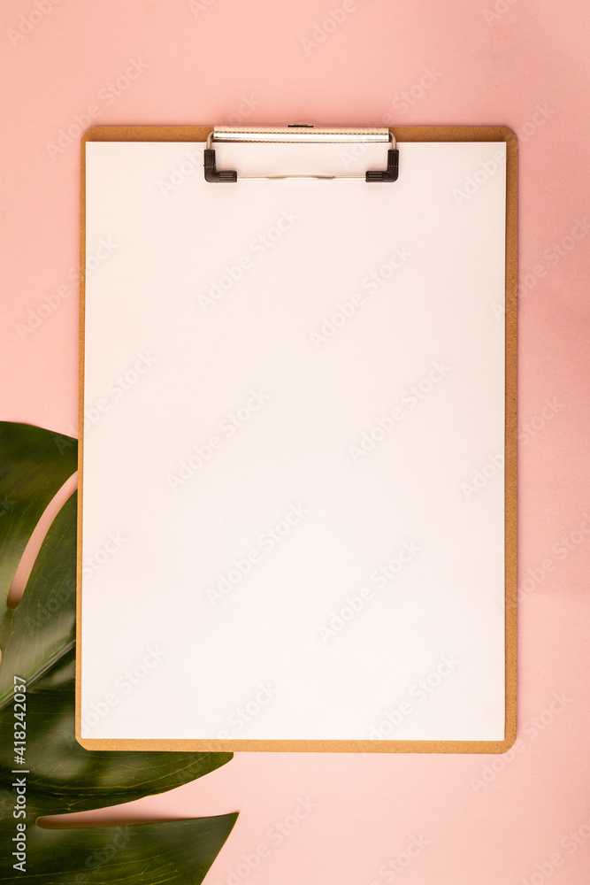 clipboard and monstera leaf on pink background. Flat lay, top view, copy space. clipboard and monstera leaf on pink background. Flat lay, top view, copy space.