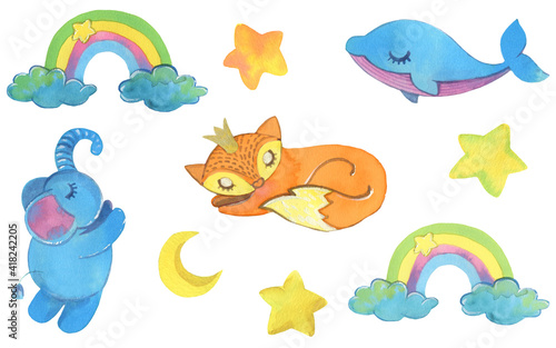 Handpainting watercolor illustration. Cute animals, rainbow,moon and stars.