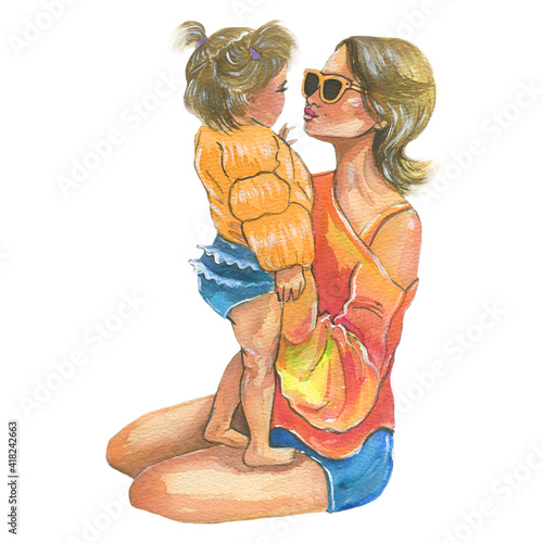 Mother and daugther watercolor illustration. Motherhood in beautiful style.