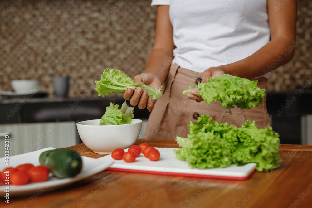 Cropped image unrecognisable woman cooking healthy food at home kitchen - lettuce salad, cherry toatoes and cucumber Cropped image unrecognisable woman cooking healthy food at home kitchen - lettuce salad, cherry toatoes and cucumber