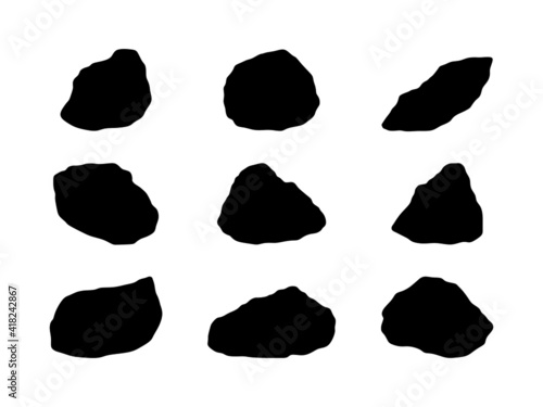 Black rock specimen set. Stone sample silhouette.