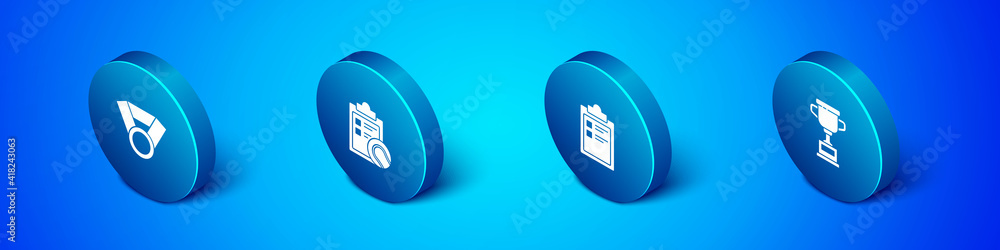 Set Isometric Medal, Sport training program, Award cup and Checklist clipboard and tennis ball icon. Vector. Set Isometric Medal, Sport training program, Award cup and Checklist clipboard and tennis ball icon. Vector.