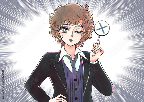 Foto レトロ少女漫画風・バツ札を持つがっかり顔の美少年・集中線