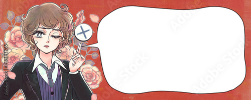 Foto レトロ少女漫画風・バツ札を持つがっかり顔の美少年・花背景・ふきだし