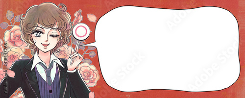 Bilde på lerret レトロ少女漫画風・マル札を持つ笑顔の美少年・花背景・ふきだし