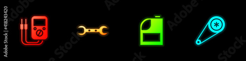 Set Multimeter, Wrench spanner, Canister for motor machine oil and Timing belt kit icon. Vector.