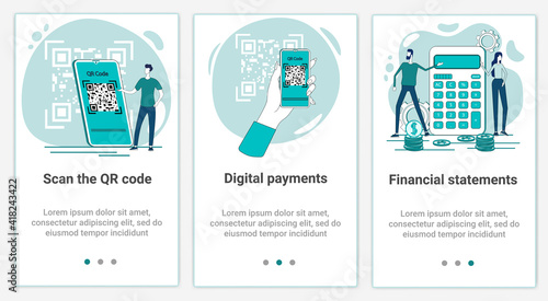 A set of UI and UX interfaces for smartphone screens.Features of adaptive design.The topic of Finance and QR payments.Flat vector illustration.