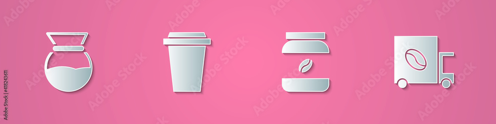 Set paper cut Pour over coffee maker, Coffee cup to go, jar bottle and street truck machine icon. Paper art style. Vector. Set paper cut Pour over coffee maker, Coffee cup to go, jar bottle and street truck machine icon. Paper art style. Vector.