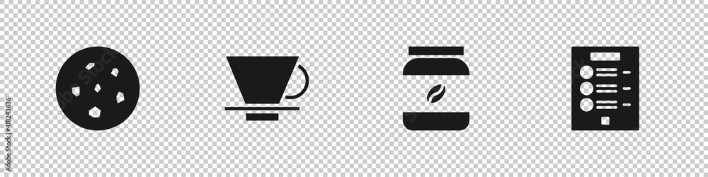 Fototapeta premium Set Cookie or biscuit, V60 coffee maker, Coffee jar bottle and menu icon. Vector.
