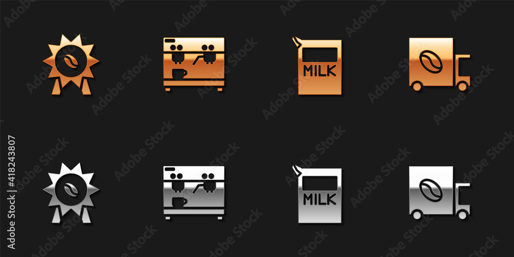 Set Medal for coffee, Coffee machine, Paper package milk and street truck icon. Vector. Set Medal for coffee, Coffee machine, Paper package milk and street truck icon. Vector.