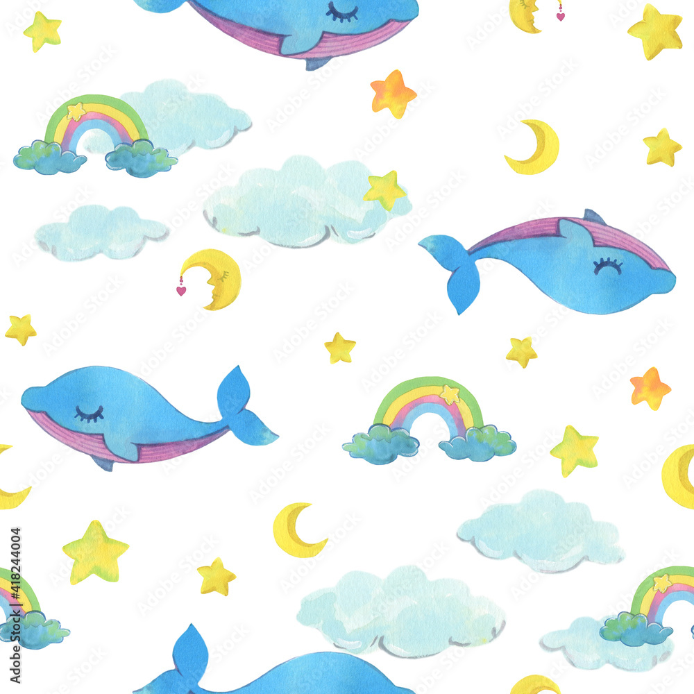 Obraz Handpainting watercolor illustration. Cute whale with stars and rainbows.