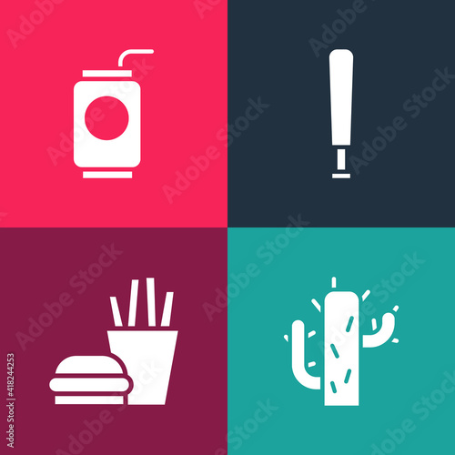 Set pop art Cactus  Burger and french fries  Baseball bat and Soda can with straw icon. Vector.